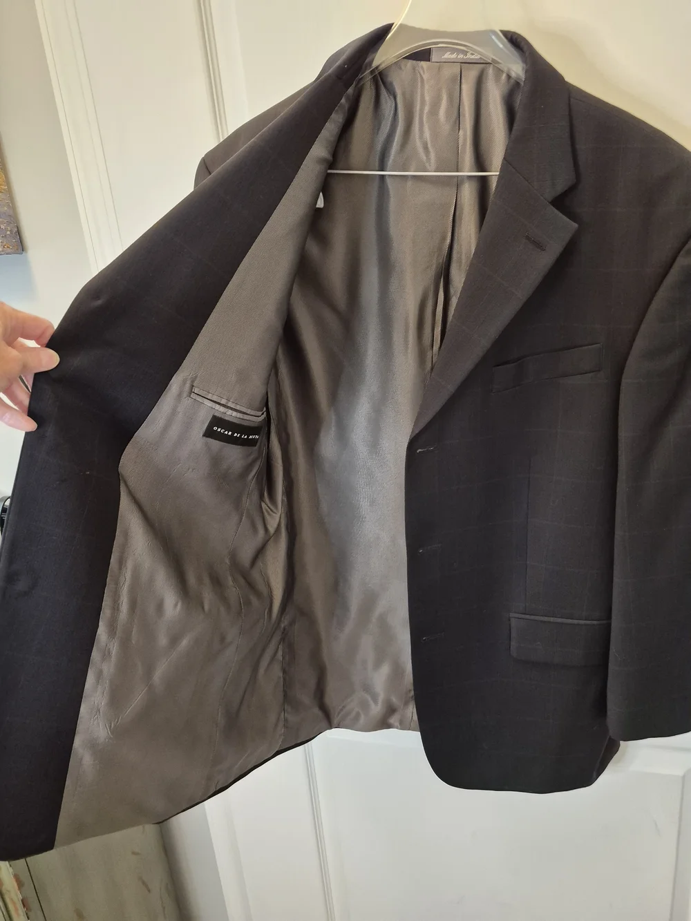 Oscar de la Renta Navy Windowpane Wool Blazer Size 40S W36 EUC